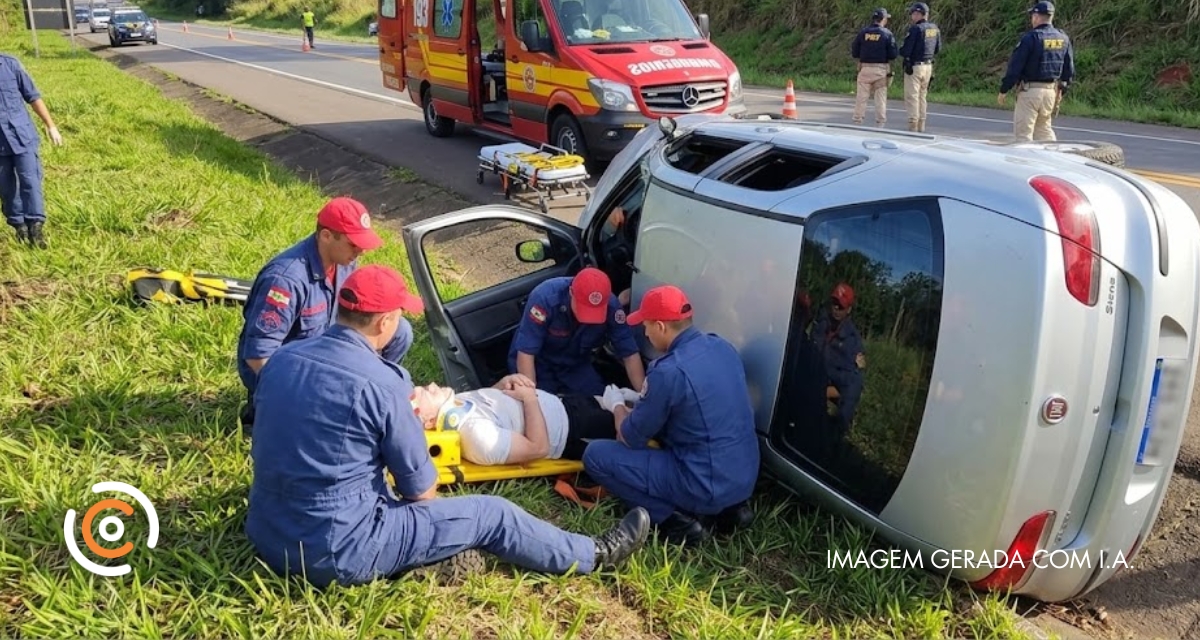 Motorista de 56 anos é socorrido após capotamento de Fiat Siena na BR-280 em Três Barras