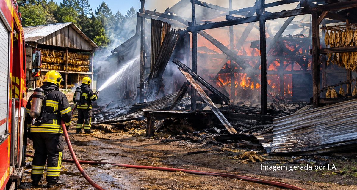 Incêndio destrói parte de estufa de fumo e mobiliza Bombeiros em Papanduva