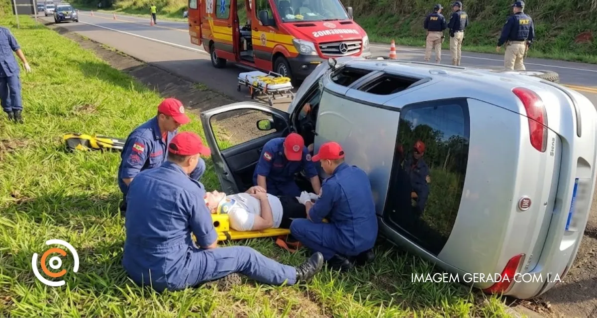 Motorista de 56 anos é socorrido após capotamento de Fiat Siena na BR-280 em Três Barras