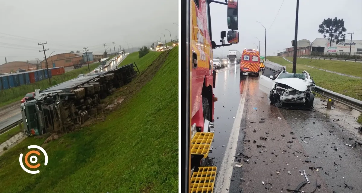 Colisão entre caminhão e carro deixa mulher ferida na BR-116, em Mafra