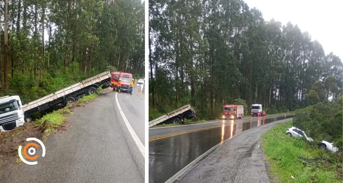 Engavetamento entre caminhão e dois carros mobiliza bombeiros na BR-280 em Mafra